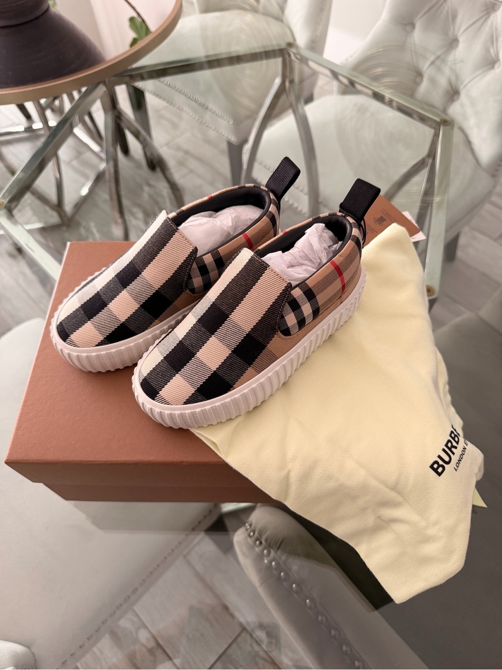 Burberry Beige and Black Check Kids Slip-On Sneakers